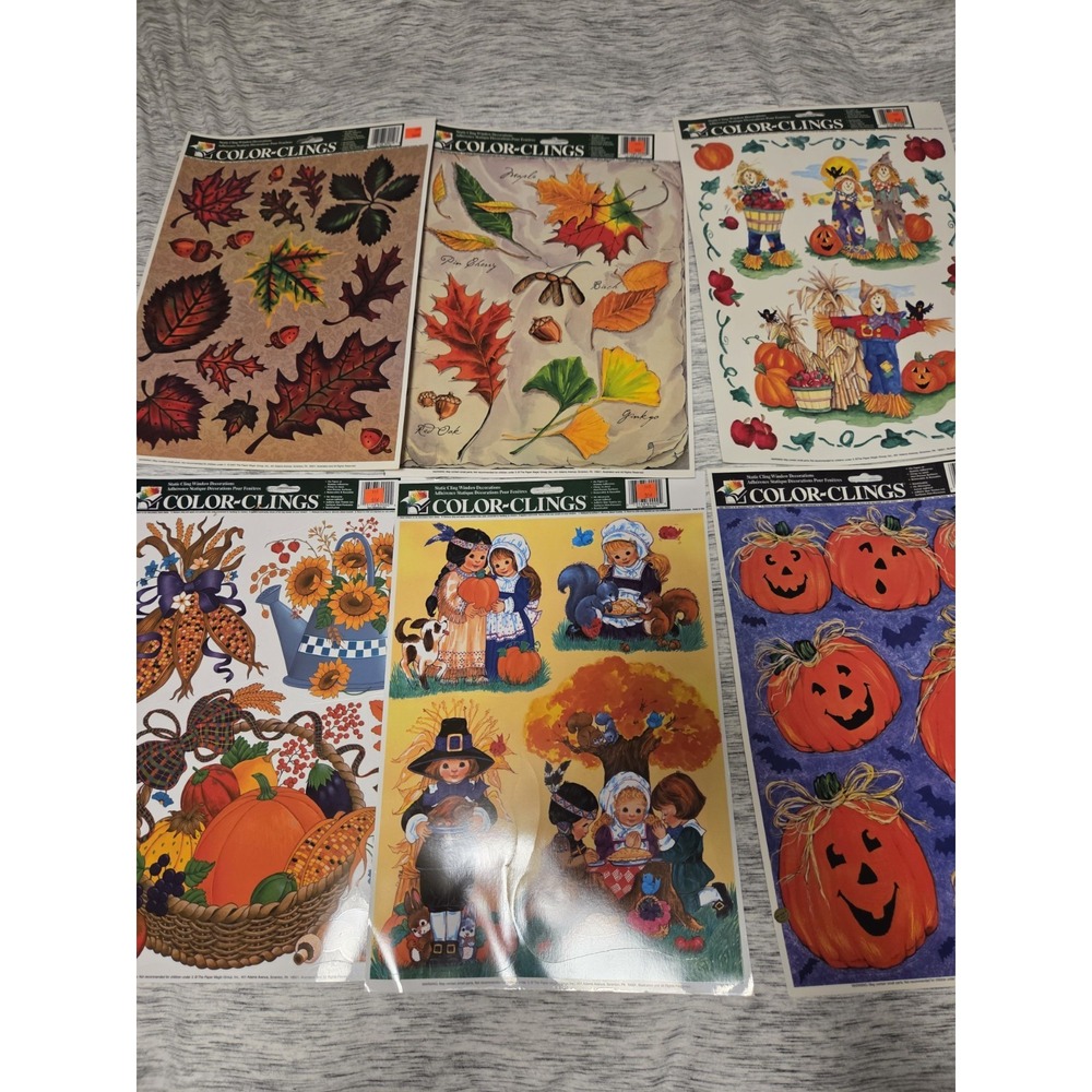 Lot of 6 Vintage Autumn Thanksginving Halloween Color Clings Window Decorations